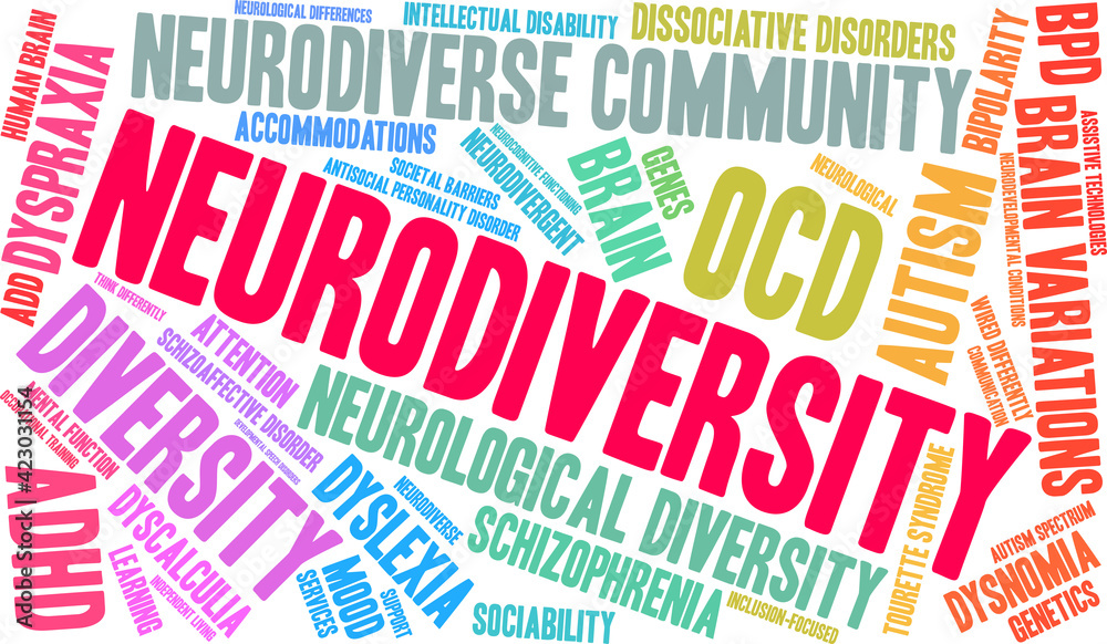 Neurodiversity Word Cloud on a white background. Neurodiversity Word Cloud on a white background.