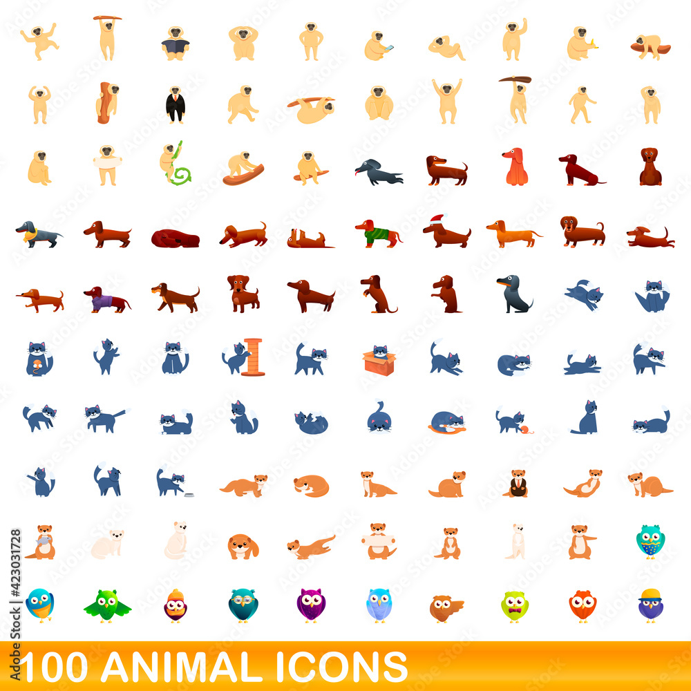 100 animal icons set. Cartoon illustration of 100 animal icons vector set isolated on white background