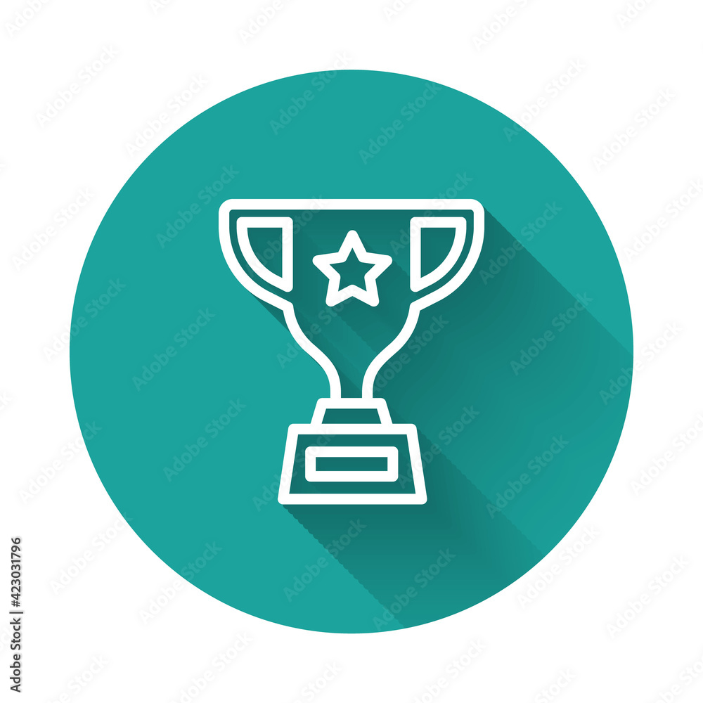 White line Award cup icon isolated with long shadow background. Winner trophy symbol. Championship or competition trophy. Sports achievement sign. Green circle button. Vector