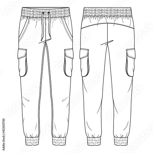 Women Cargo Pockets Jogger Pant Vector Fashion Flat Sketches. Fashion Technical Illustration Template. Drawcord detail. Multiple Stitch detail on cuffs and waistband