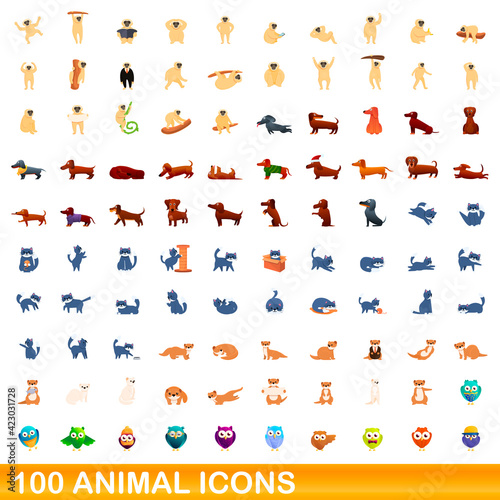 100 animal icons set. Cartoon illustration of 100 animal icons vector set isolated on white background © nsit0108