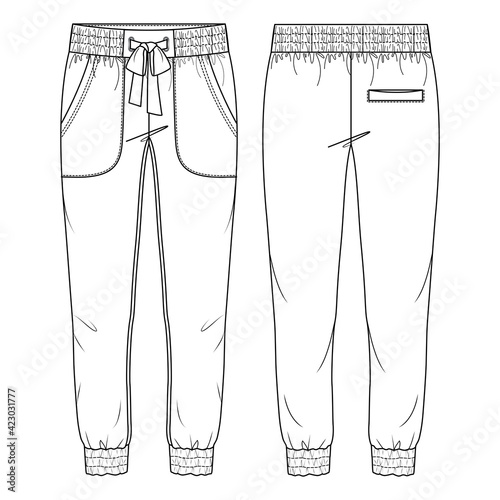 Women Jogger Pant Vector Fashion Flat Sketches. Fashion Technical Illustration Template. Front Apply pockets. Elastic waist