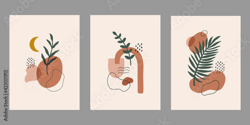 Modern abstract set aesthetic backgrounds with geometric balance shapes and branch. Wall decor in boho style. Mid century vector print for cover, wallpaper, card, social media, interior decor	