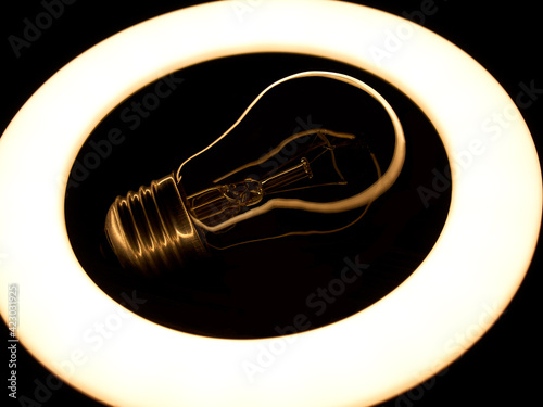 Incandescent lamp inside LED ring light source Concept photography, the light takes the form of an incandescent lamp