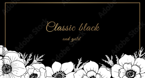 Botanical gold frame with white flowers and leaves on a black background.