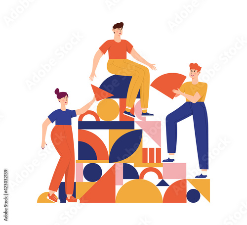 Teamwork, coworking, business partnership concept flat illustration. Characters with abstract geometrical shapes. Diverse people working together. Men and women organize abstract geometric figures