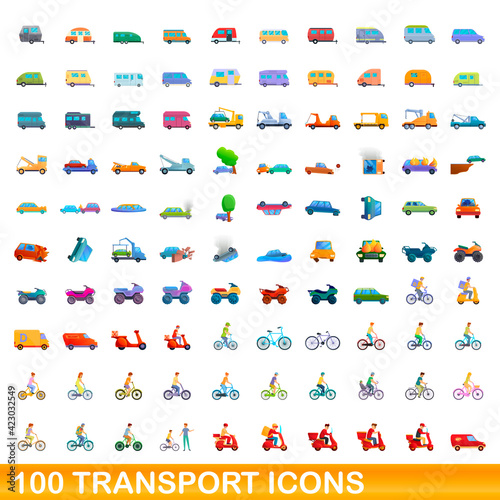 100 transport icons set. Cartoon illustration of 100 transport icons vector set isolated on white background