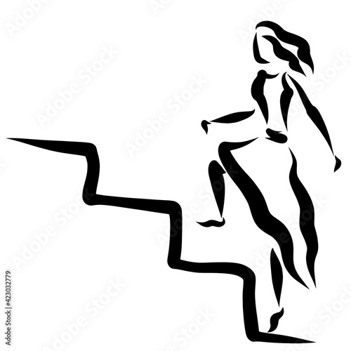 young woman climbs up the steps of the stairs, abstract black outline