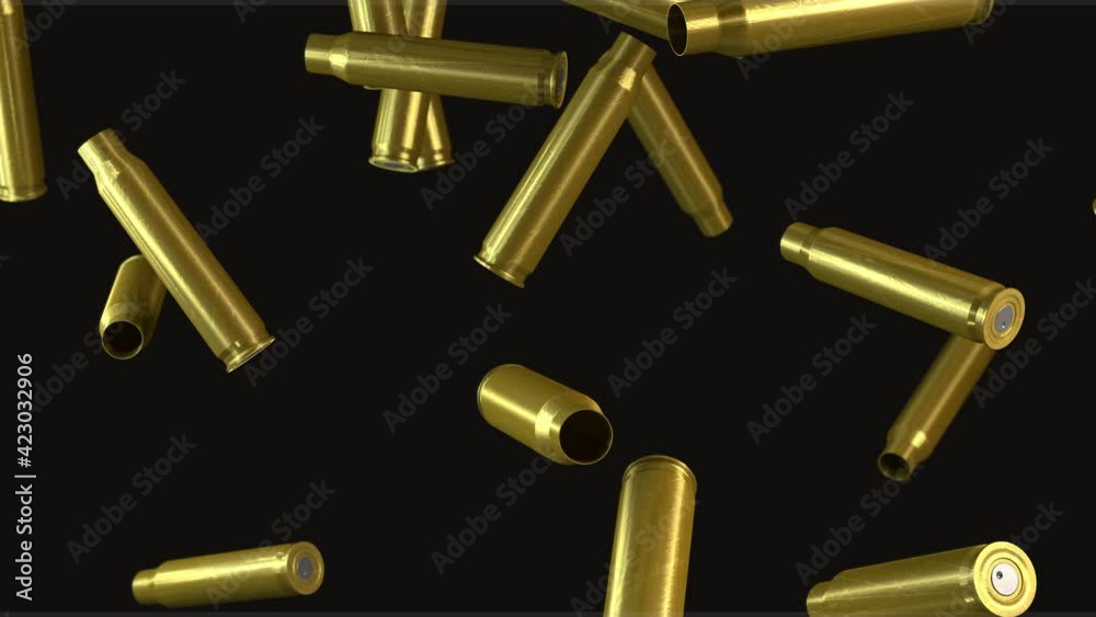 4k animation of ammunition cartridge cases of a machine gun falling to the ground - 3d illustration