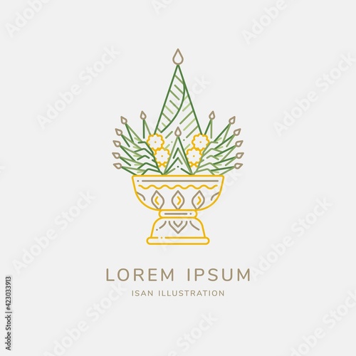 Phan Baisri line art vector illustration. Thailand,Northeastern,Isan,Esan welcome pedestal for welcome visitor,wedding,annual house blessing,religion ceremony,product from banana leaf
