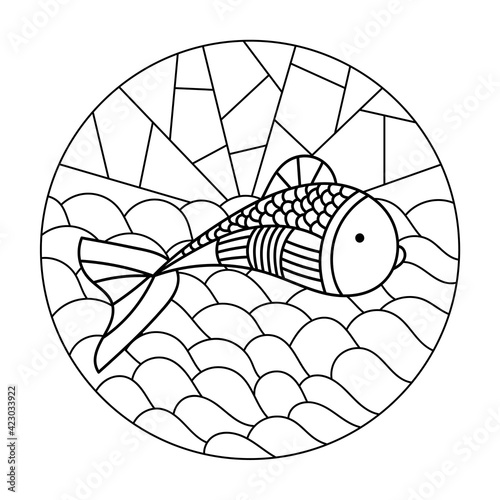 Coloring book for older children, Sea Mosaic. Hand-drawn marine vector motif . Doodles fish and waves.