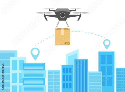 Flying Drone with box and Cityscape, Big city Modern technologies concept, Vector Illustration