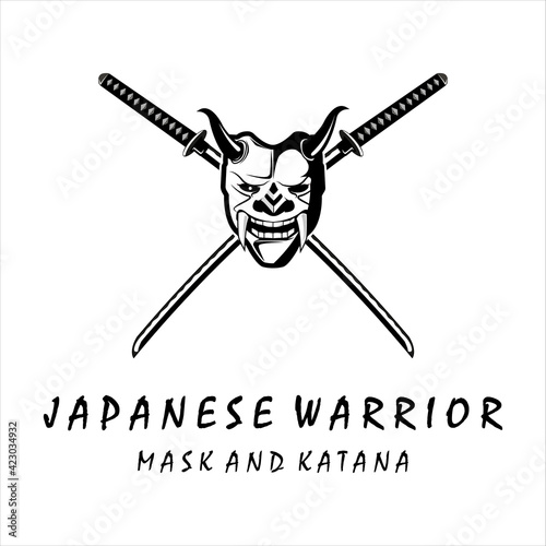 katana and mask samurai logo vector vintage template illustration design . japanese armour mask and katana sword for samurai logo concept template emblem illustration design