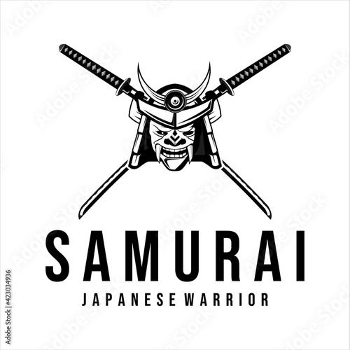 katana and armour helmet and mask logo vintage vector illustration logo template design . japanese armour and katana sword for samurai logo template emblem logo vector illustration design