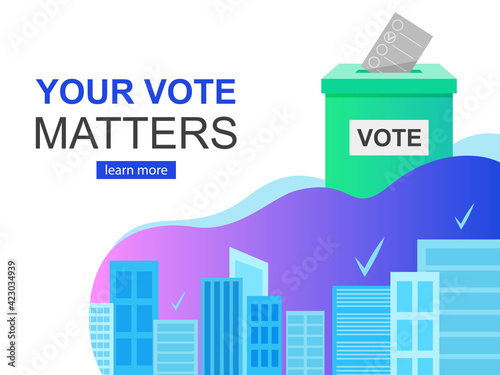 E-voting concept and Cityscape, your Vote matters, flat modern Vector banner, Landing page template