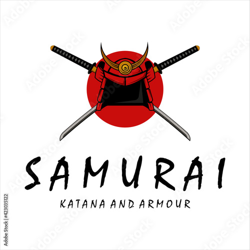 katana and helmet samurai logo vector vintage illustration template design. japanese armour and sword katana for samurai logo concept vector emblem template illustration design