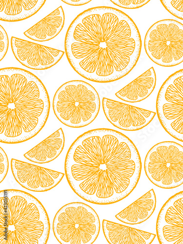 Hand drawn seamless pattern. Ink sketch slice of lemons. Citrus fruit background. Retro style