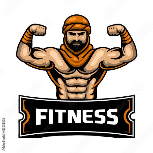 Arab muslim bodybuilder muscular torso, vector, logo, cartoon, mascot, character