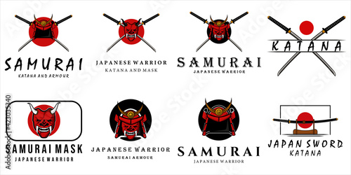 set of samurai logo vector vintage illustration template emblem design . katana sword mask helmet armour for japanese warrior and samurai bundle collection modern logo concept illustration template