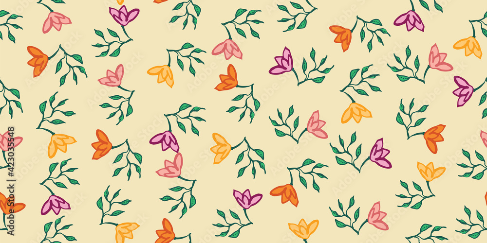 hand drawn florals toss seamless vector pattern