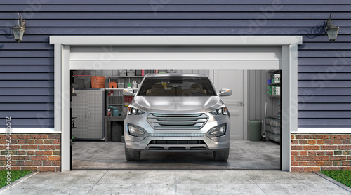 Photo 3d render of garage interior with open door and car in front 3d illustration
