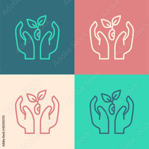 Pop art line Plant in hand of environmental protection icon isolated on color background. Seed and seedling. Planting sapling. Ecology concept. Vector