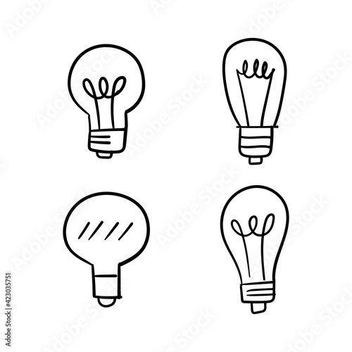 Light bulb doodle collection. Set of hand drawn electric lamp. Symbol of idea, innovation and solution.