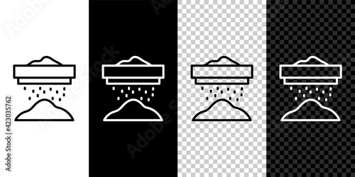 Set line Sifting flour, cereals or powdered sugar through sieve icon isolated on black and white, transparent background. Vector