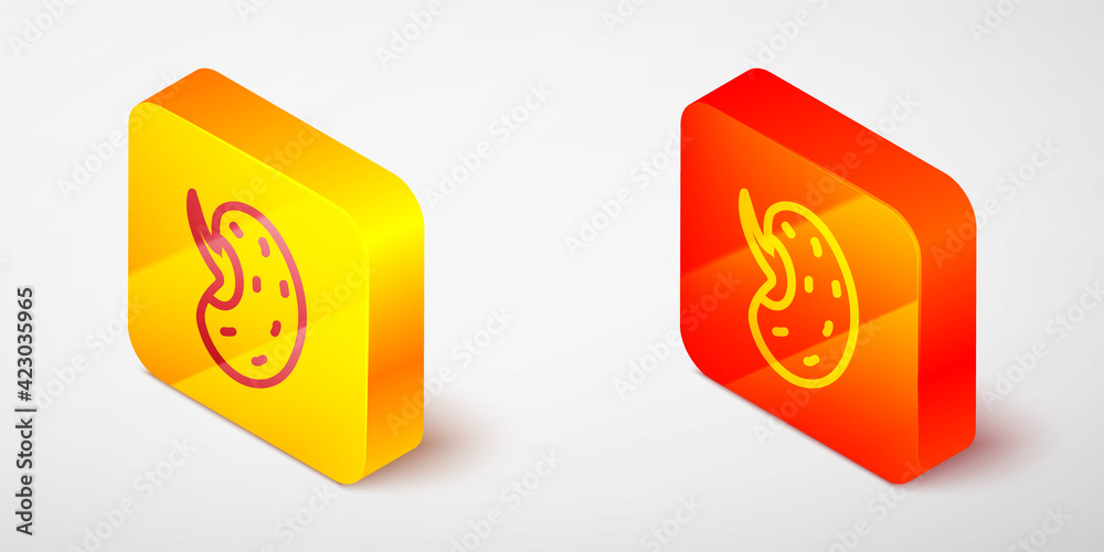 Isometric line Seeds of a specific plant icon isolated on grey background. Yellow and orange square button. Vector Isometric line Seeds of a specific plant icon isolated on grey background. Yellow and orange square button. Vector
