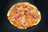 Delicious hot pizza. Hot tasty italian pizza from open box, food delivery service at party catering concept. Opens a pizza box