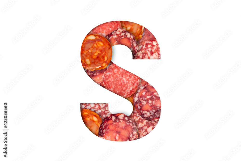Sausage alphabet isolated on white background. Latin Food alphabet. Sausage letter S.