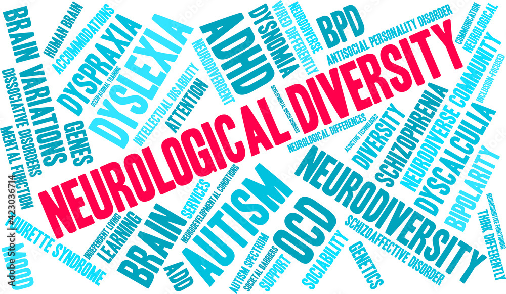Neurological Diversity Word Cloud on a white background. Neurological Diversity Word Cloud on a white background.