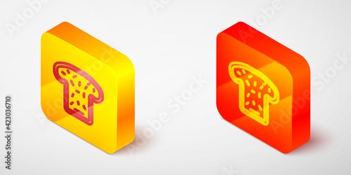 Isometric line Bread toast for sandwich piece of roasted crouton icon isolated on grey background. Lunch, dinner, breakfast snack. Yellow and orange square button. Vector