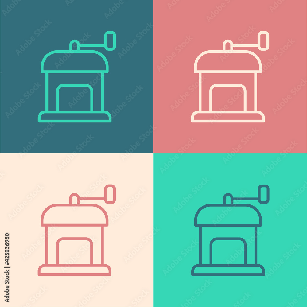 Pop art line Manual coffee grinder icon isolated on color background. Vector Pop art line Manual coffee grinder icon isolated on color background. Vector