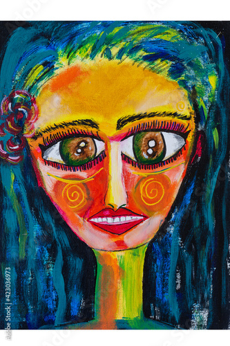 painting of a woman's face in acrylic, abstract art, vivid colors
