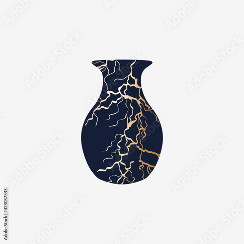 Repaired Japan vase kintsugi art color sketch engraving illustration. Scratch board style imitation.