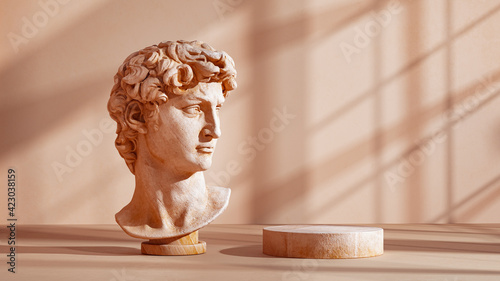 Antique statue Product display background with podium. David bust sculpture. Museum exhibition product placement template. 3d rendering.