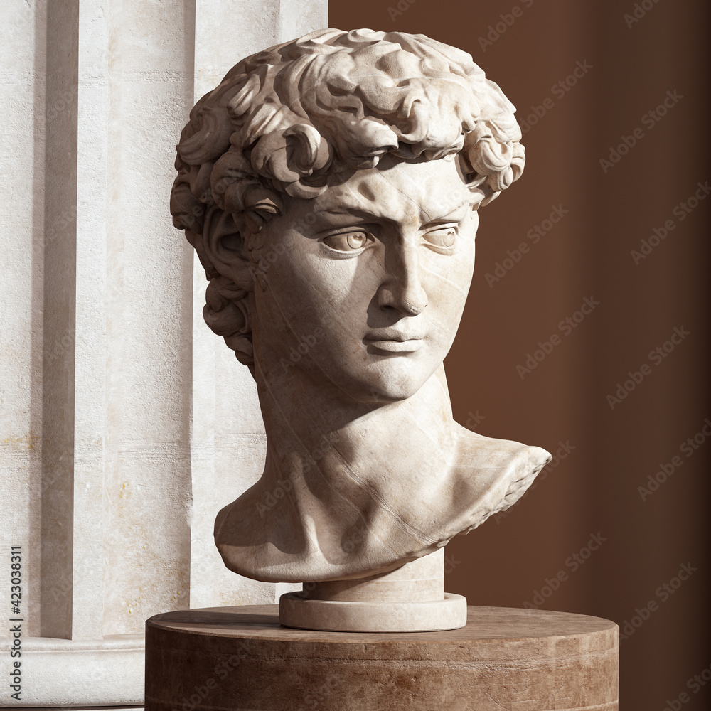 David Michelangelo bust sculpture, antique statue, Renaissance history  background, 3d rendering, Stock Illustration