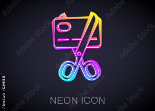 Glowing neon line Scissors cutting a credit card icon isolated on black background. Online payment. Cash withdrawal. Financial operations. Shopping sign. Vector