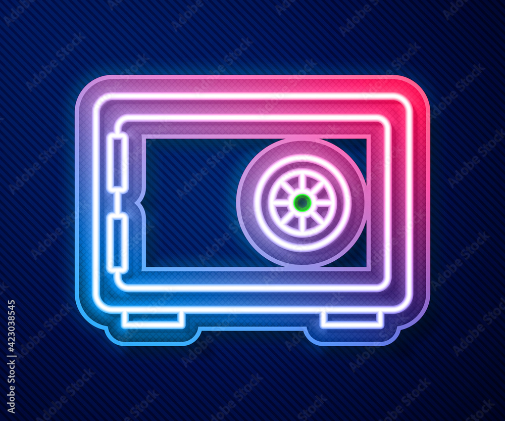 Glowing neon line Safe icon isolated on blue background. The door safe a bank vault with a combination lock. Reliable Data Protection. Vector