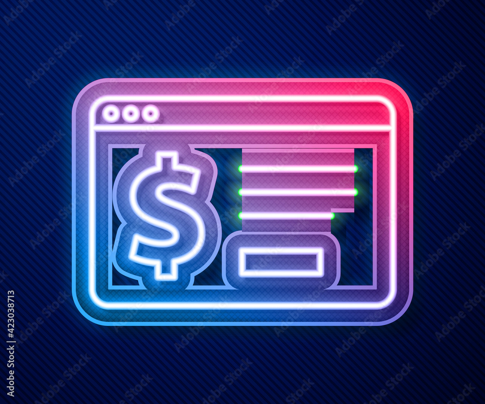 Glowing neon line Online banking with dollar icon isolated on blue background. Sending money around the world, money transfer, financial transaction. Vector Glowing neon line Online banking with dollar icon isolated on blue background. Sending money around the world, money transfer, financial transaction. Vector