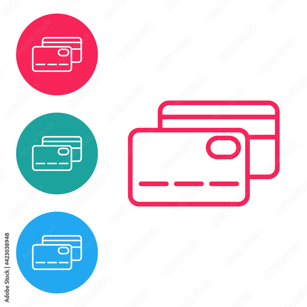 Red line Credit card icon isolated on white background. Online payment. Cash withdrawal. Financial operations. Shopping sign. Set icons in circle buttons. Vector Red line Credit card icon isolated on white background. Online payment. Cash withdrawal. Financial operations. Shopping sign. Set icons in circle buttons. Vector