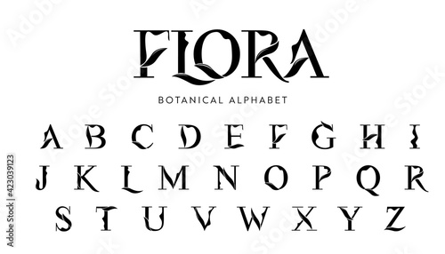 Vector Floral Alphabet with decorative leafs elements. Modern elegance font with uppercase letters. Vector Illustration.