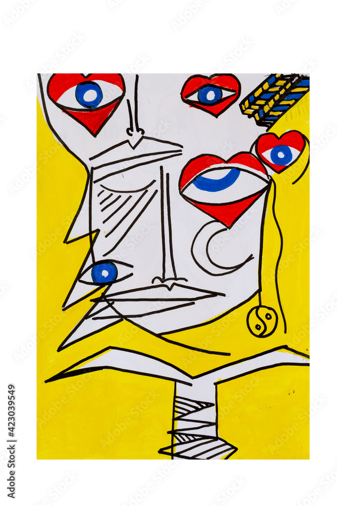 Cubism Message cubist painting with different faces and messages, beards, eyes, many ...