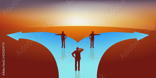 Concept du choix, avec un homme qui doit décider du chemin qu’il doit prendre, face à deux personnes qui lui montrent des directions opposées.