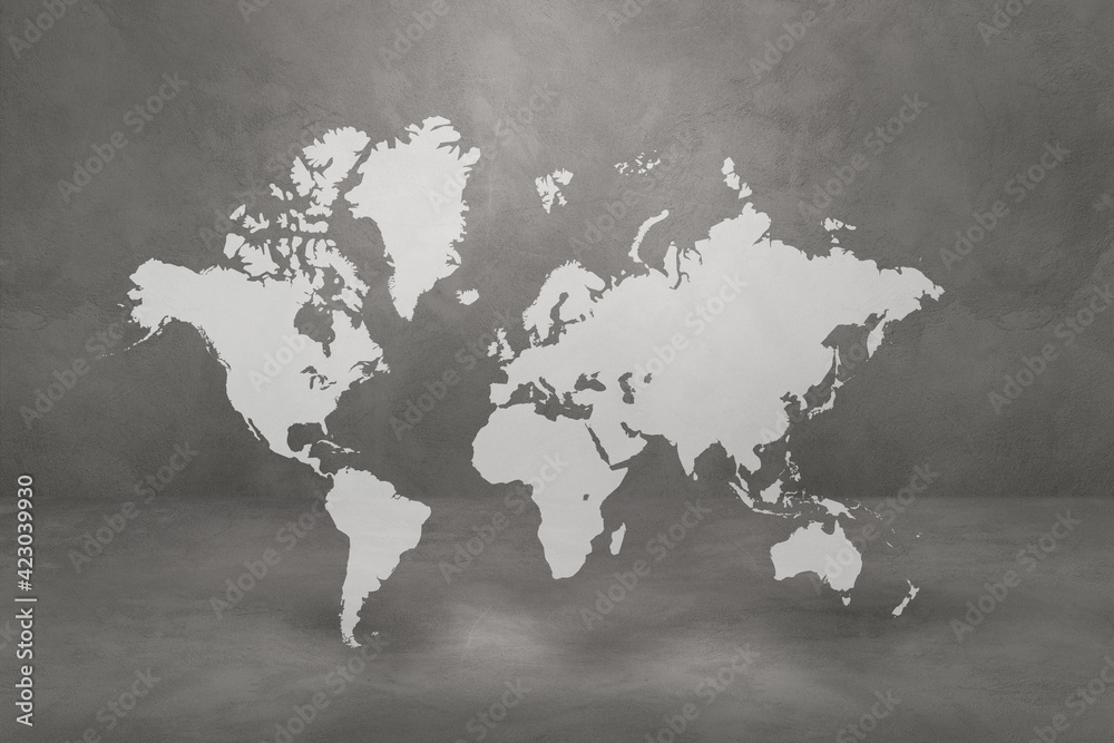World map on concrete wall background. 3D illustration