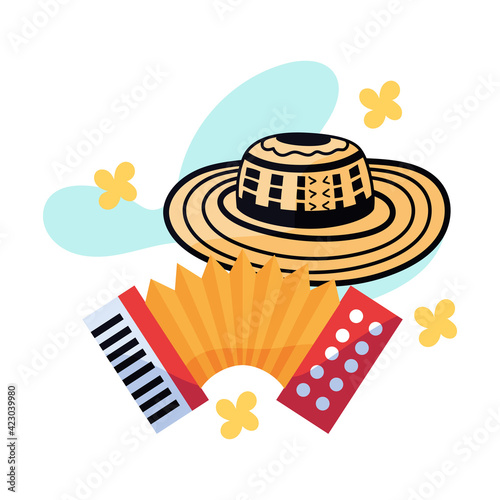 Vueltiao hat and accordion. Colombian Vallenata culture - Vector