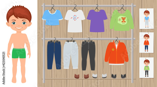 Dress up cute chibi boy. Paper doll character template. Flat cartoon style