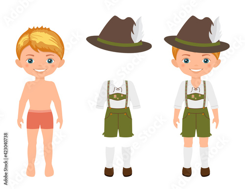Dress up cute boy in German national costume. Paper doll character template. Cartoon flat style