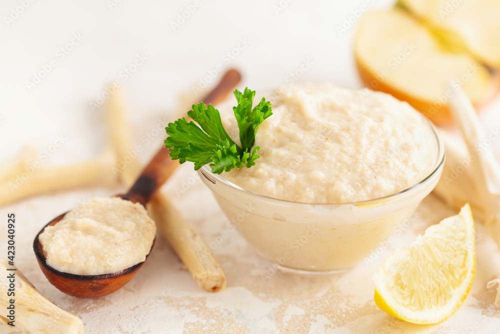 Apple horse-radish sauce for meat in jar and ingredients. Austrian dish Apfelkren Apple horse-radish sauce for meat in jar and ingredients. Austrian dish Apfelkren